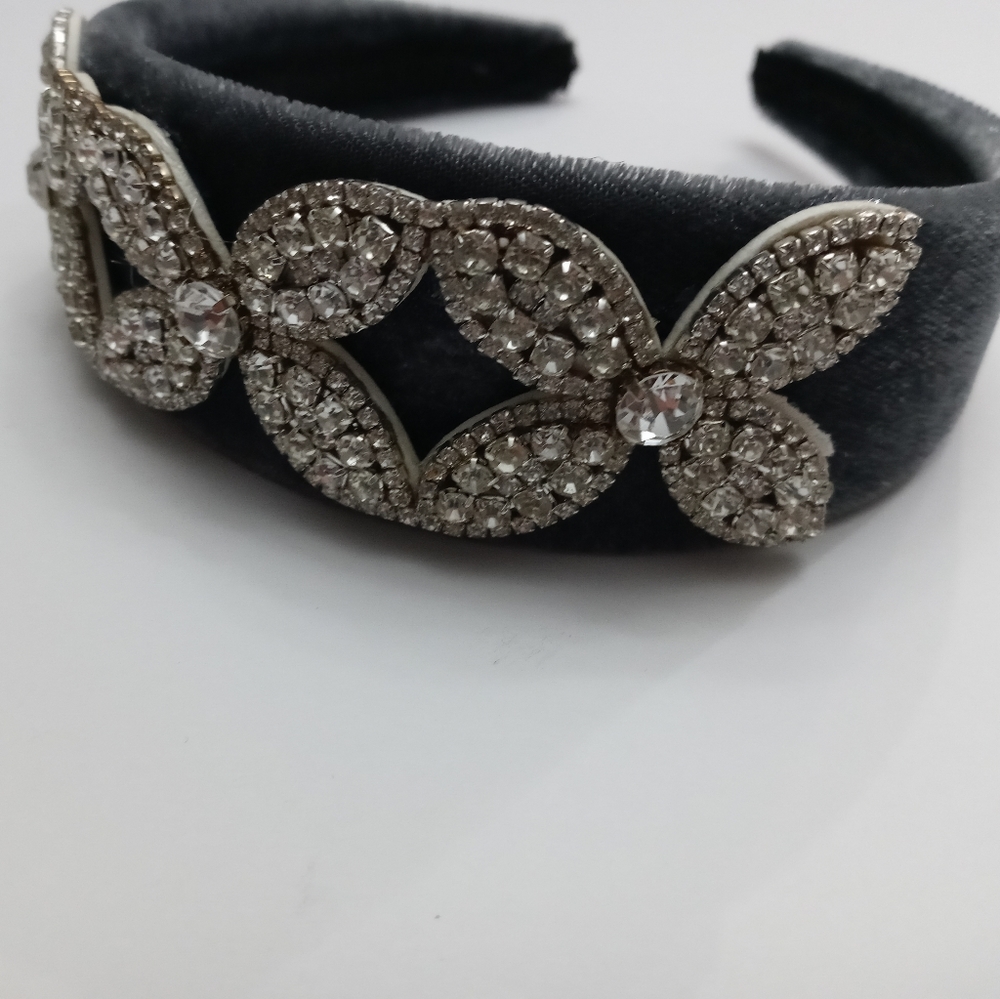 Grey velvet headband with applique hand made